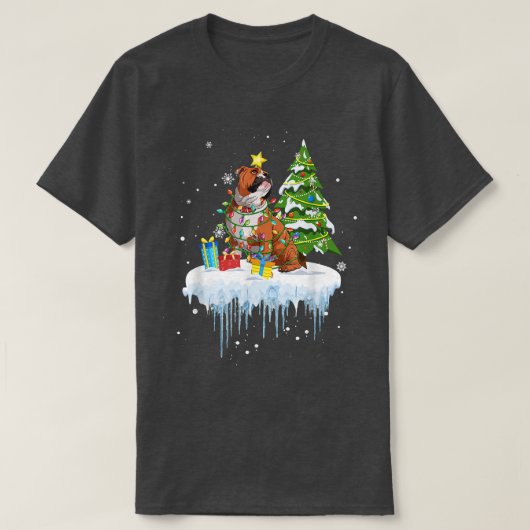 ポインセチア妖精ライトクリスマスツリーブルドッグスノ Tシャツ (デザイン正面)