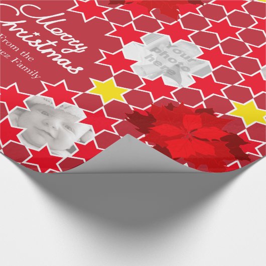 ポインセチア星模様の赤いクリスマス家族の写真 ラッピングペーパー (角)