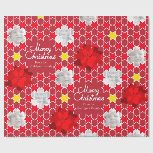 ポインセチア星模様の赤いクリスマス家族の写真 ラッピングペーパー (フラット)