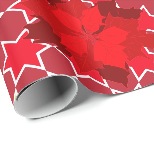ポインセチア星模様の赤いクリスマス家族の写真 ラッピングペーパー (ロールコーナー)