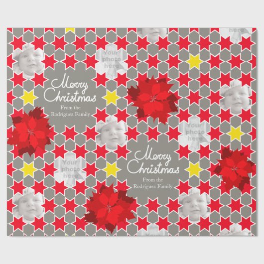 ポインセチア星模様の赤いクリスマス家族の写真 ラッピングペーパー (フラット)