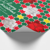 ポインセチア星赤い緑のクリスマス家族の写真 ラッピングペーパー (角)