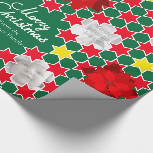 ポインセチア星赤い緑のクリスマス家族の写真 ラッピングペーパー (角)