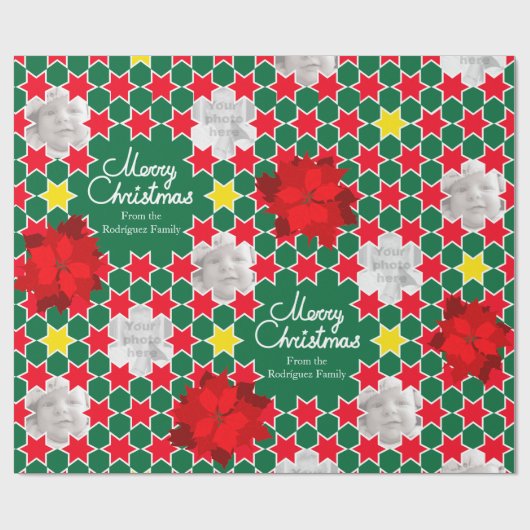 ポインセチア星赤い緑のクリスマス家族の写真 ラッピングペーパー (フラット)
