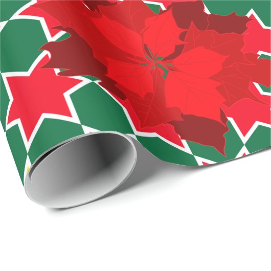 ポインセチア星赤い緑のクリスマス家族の写真 ラッピングペーパー (ロールコーナー)