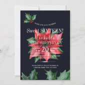 ポインセチア暗青色の赤い緑のsweet sixteen 招待状 (正面)