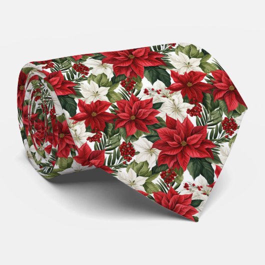ポインセチア柄のタイル模様の festive デザイン ネクタイ (ロール)