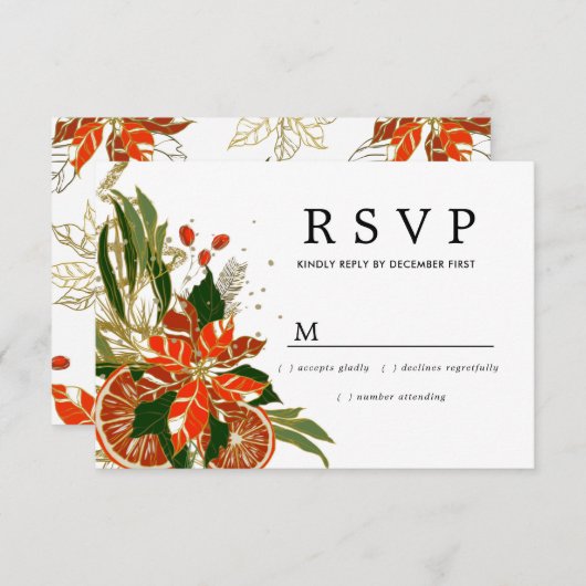 ポインセチア柑橘類金ゴールドウィンターウェディングRSVP 出欠カード (正面/裏面)