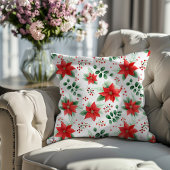 ポインセチア植物小水彩模様 クッション