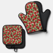 ポインセチア模様クリスマス 鍋つかみ&鍋敷きセット (正面/裏面)