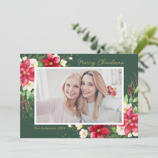 ポインセチア水彩フローラグリーンフォト シーズンカード (スタンド正面)