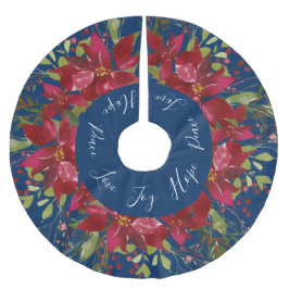 ポインセチア水彩フローラネイビーブルー ブラッシュドポリエステルツリースカート