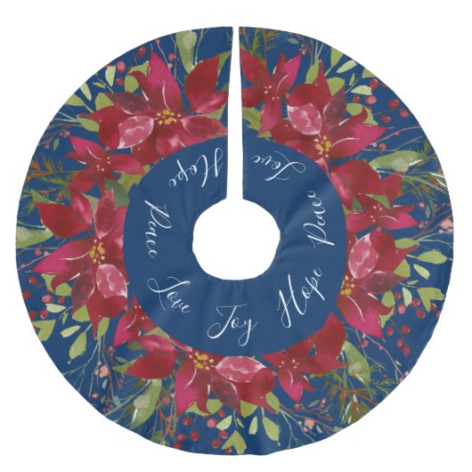 ポインセチア水彩フローラネイビーブルー ブラッシュドポリエステルツリースカート (正面)