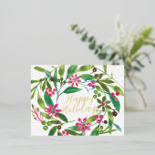 ポインセチア水彩リース実在 箔シーズンポストカード (立ち正面)