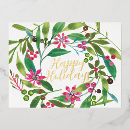 ポインセチア水彩リース実在 箔シーズンポストカード