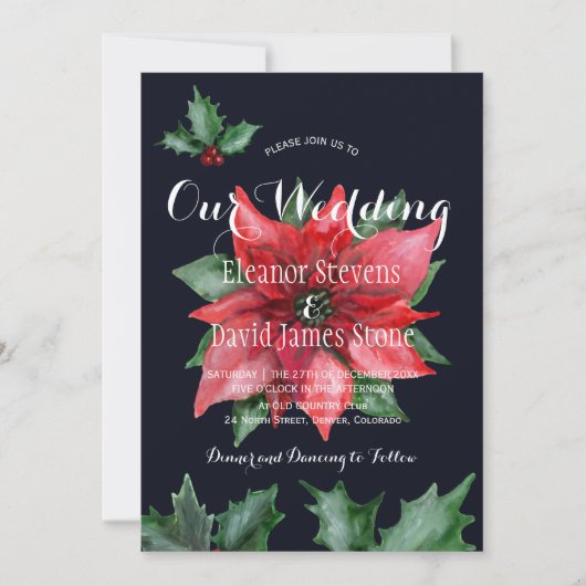 ポインセチア海軍赤い冬のエレガントな結婚式 招待状 (正面)