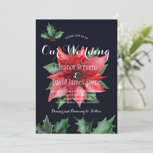 ポインセチア海軍赤い冬のエレガントな結婚式 招待状 (スタンド正面)
