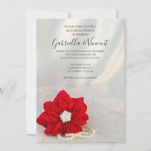 ポインセチア真珠の冬の結婚式のリハーサルディナー 招待状 (正面)