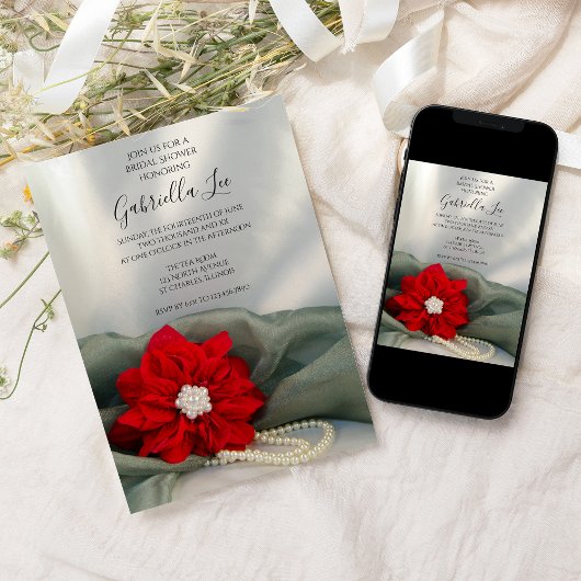 ポインセチア真珠オングリーンウィンターブライダルシャワー 招待状