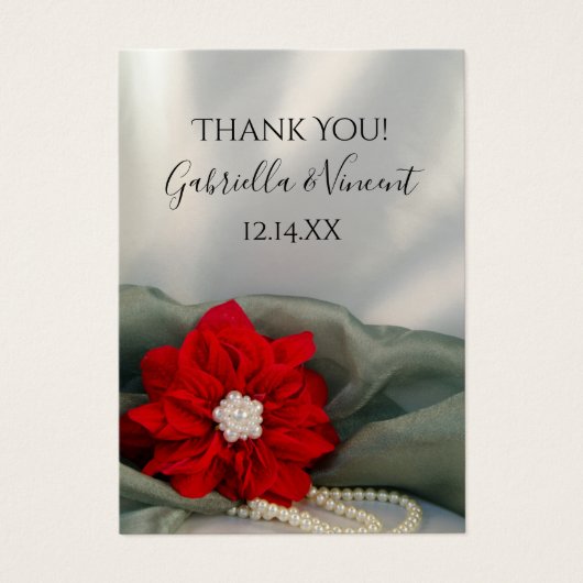 ポインセチア真珠グリーンウィンターウェディングメッセージカード (正面)