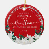 ポインセチア私たちの初めてのクリスマスは私たちの新しい家で セラミックオーナメント (正面)