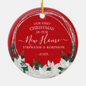 ポインセチア私たちの初めてのクリスマスは私たちの新しい家で セラミックオーナメント (裏面)