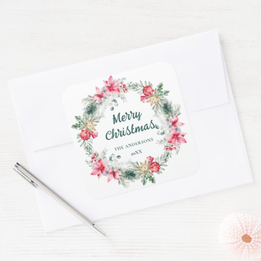 ポインセチア紅葉レッドグリーンクリスマスリース スクエアシール (封筒)
