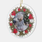 ポインセチア素朴ウッドランドリース写真with Year セラミックオーナメント (左)