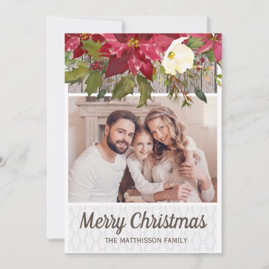 ポインセチア素朴ウッドレース写真メリークリスマス シーズンカード (正面)
