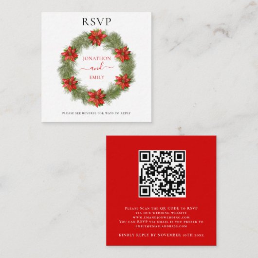 ポインセチア結婚クリスマスQRコードRSVP エンクロージャーカード (正面/裏面)