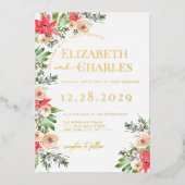 ポインセチア緑のクリスマスホリデ結婚ーズ 箔招待状 (正面)
