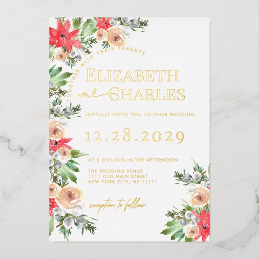 ポインセチア緑のクリスマスホリデ結婚ーズ 箔招待状 (正面)
