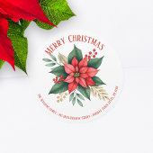 ポインセチア緑の赤いベリーのクリスマスアドレス ラウンドシール