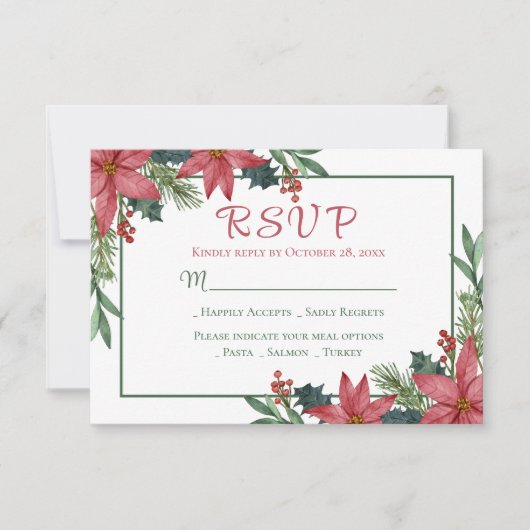 ポインセチア緑レッドクリスマスフローラ結婚式RSVP 出欠カード (正面)