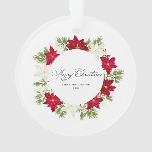 ポインセチア花と松の丸い写真 オーナメント (裏面)