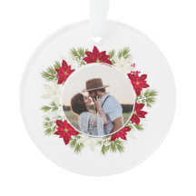 ポインセチア花と松の丸い写真