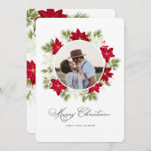 ポインセチア花と松の丸い写真 シーズンカード (正面/裏面)