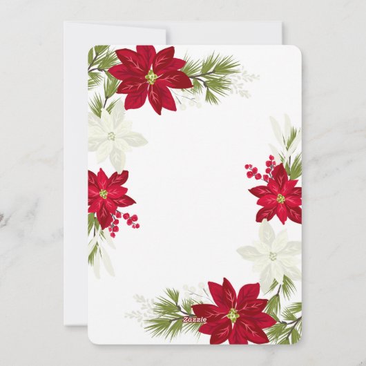 ポインセチア花と松の丸い写真 シーズンカード (裏面)