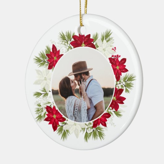 ポインセチア花と松の丸い写真 セラミックオーナメント (左)