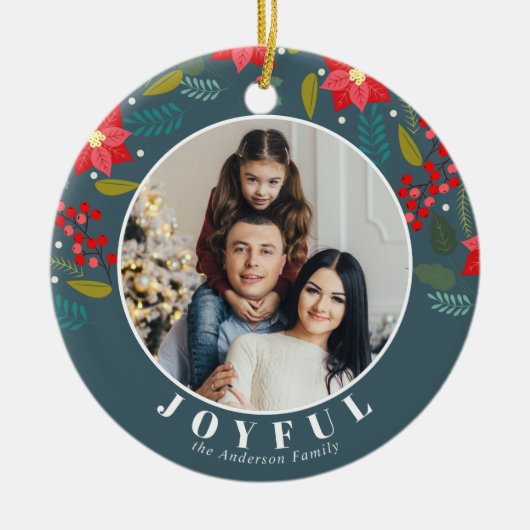 ポインセチア花のパターン写真うれしそうな休日 セラミックオーナメント (正面)