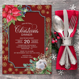 ポインセチア花の雪の結晶クリスマスディナー 招待状