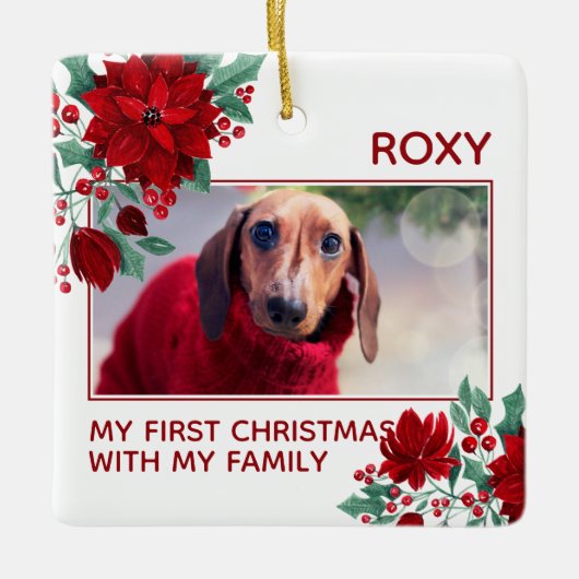 ポインセチア花アイビー葉ズクリスマスペット写真 セラミックオーナメント (正面)