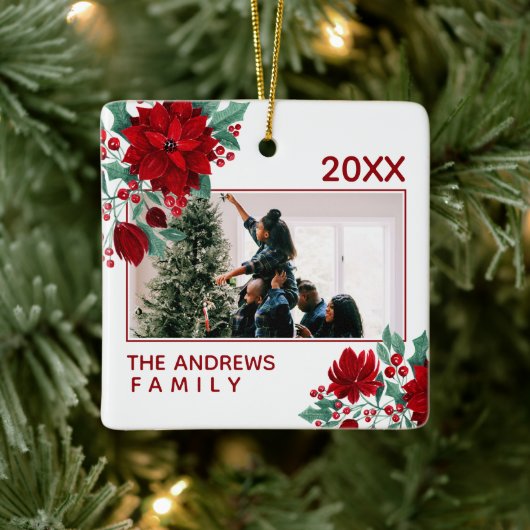 ポインセチア花アイビー葉ズクリスマス写真 セラミックオーナメント (ツリー)
