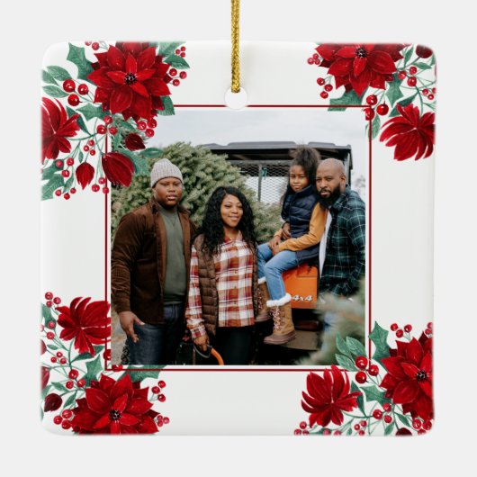 ポインセチア花アイビー葉ズクリスマス写真 セラミックオーナメント (裏面)
