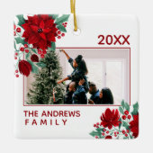 ポインセチア花アイビー葉ズクリスマス写真 セラミックオーナメント (正面)