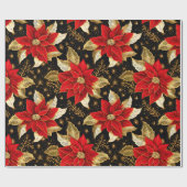 ポインセチア花イン金ゴールドリーフブラック |クリスマス ラッピングペーパー (フラット)