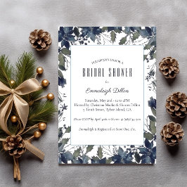 ポインセチア花模様ブライダルシャワー |ネイビーブルー 招待状