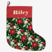 ポインセチア花葉と休日 ラージクリスマスストッキング (正面)