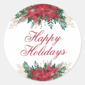 ポインセチア花赤と緑のクリスマスフローラ ラウンドシール (正面)