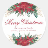 ポインセチア花赤と緑のクリスマスフローラ ラウンドシール (正面)